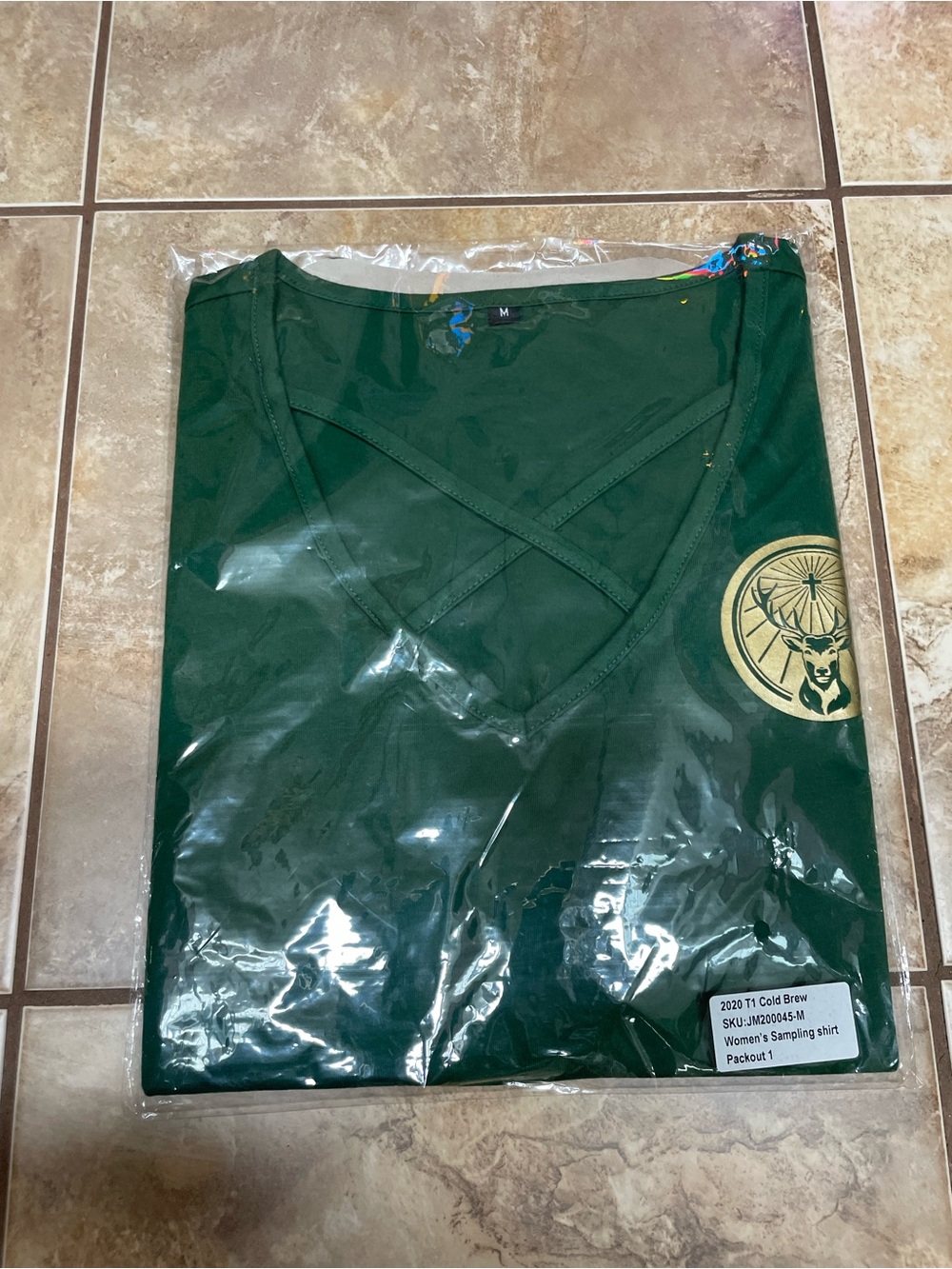 Jäegermeister Women's Dark Green V-Neck Short Sleeve Tee with Gold Crest
